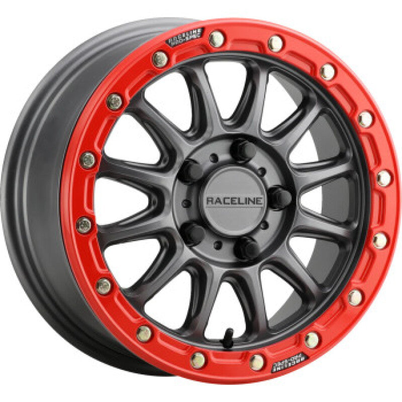 Raceline A14GR Alpha 15x7in/4x156 BP/10mm Offset/132.5mm Bore - Gunmetal & Red Ring Beadlock Wheel