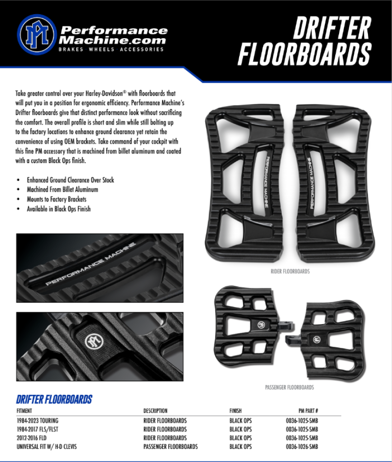 Performance Machine Drifter Passenger Floorboard Assembly - Black Ops