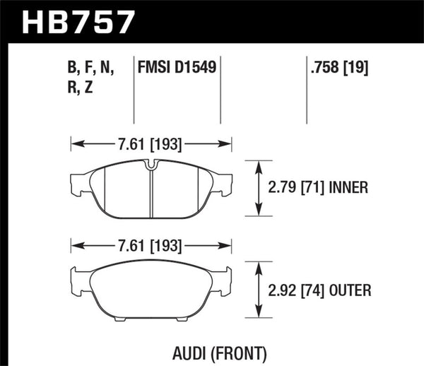 Hawk Audi 2013 A5 Quattro / 12-16 A6 Quattro/A7 Quattro/A8 Quattro HP Plus Front Brake Pads