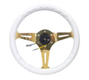 NRG Classic Wood Grain Steering Wheel (350mm) White Grip w/Chrome Gold 3-Spoke Center
