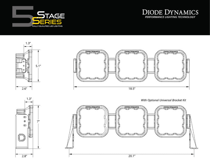 Diode Dynamics SS5 Sport Universal CrossLink 3-Pod Lightbar - White Driving