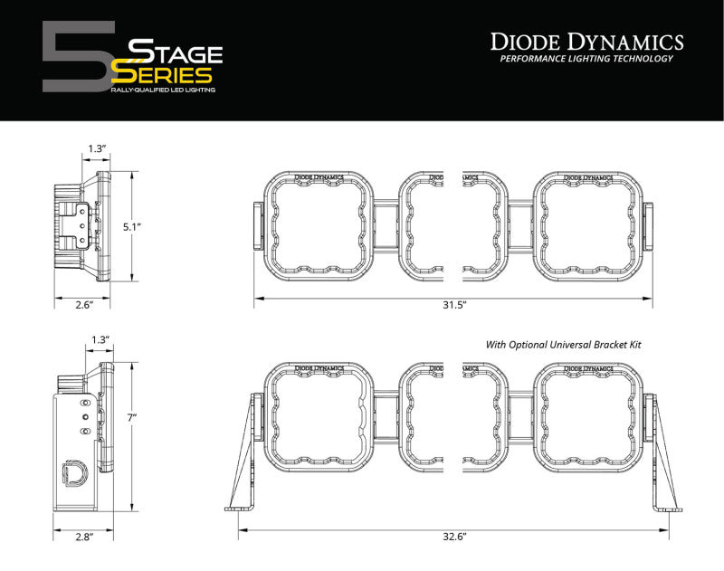 Diode Dynamics SS5 Sport Universal CrossLink 5-Pod Lightbar - Yellow Combo