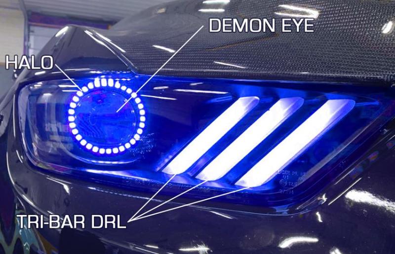 Oracle 15-17 Ford Mustang Dynamic RGB+A Pre-Assembled Headlights - Black Edition - ColorSHIFT