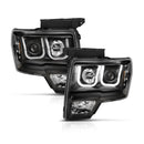 ANZO 2009-2014 Ford F-150 Projector Headlights w/ U-Bar Switchback Black w/ Amber