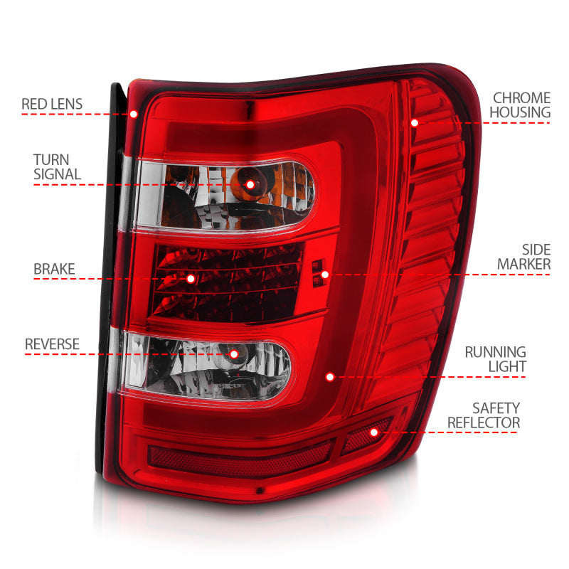 ANZO 1999-2004 Jeep Grand Cherokee LED Tail Lights w/ Light Bar Chrome Housing Red/Clear Lens