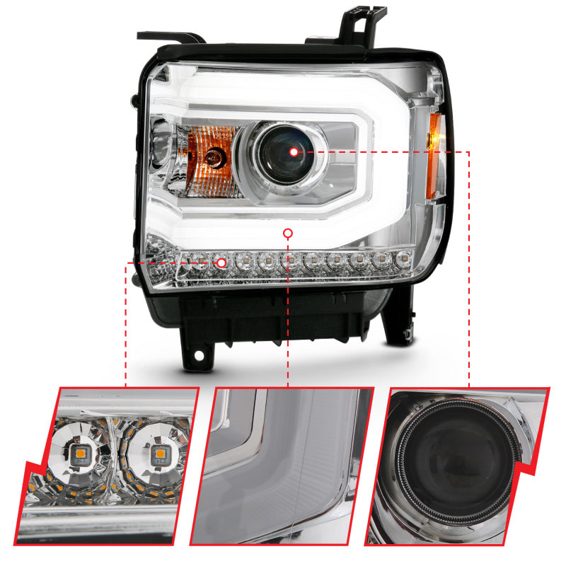 ANZO 2014-2015 Gmc Sierra 1500 Projector Headlight Plank Style Chrome w/ Switchback (Halogen Type)